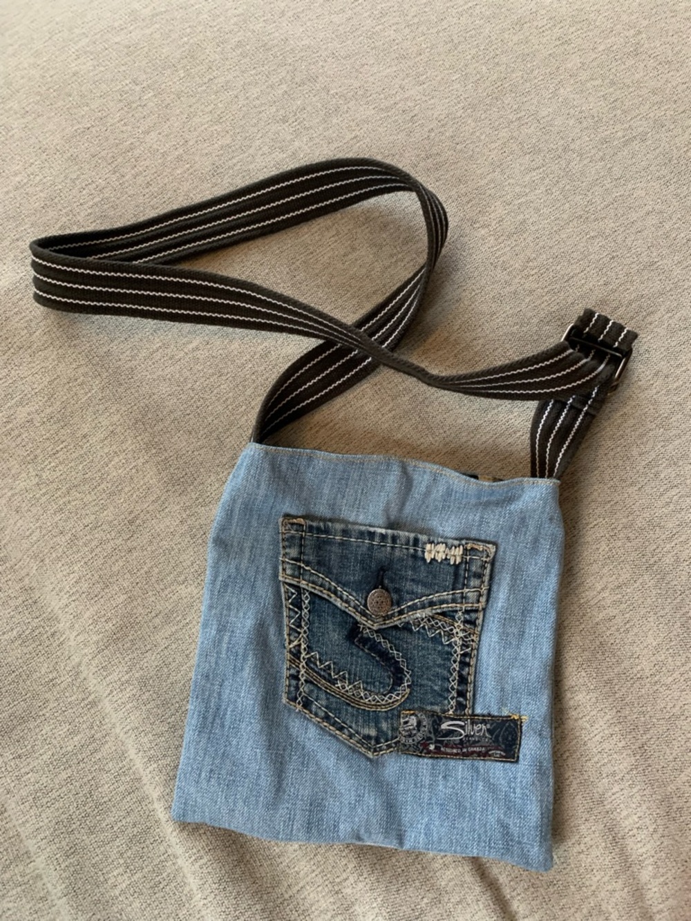 Denim Crossbody Bag with Striped Strap